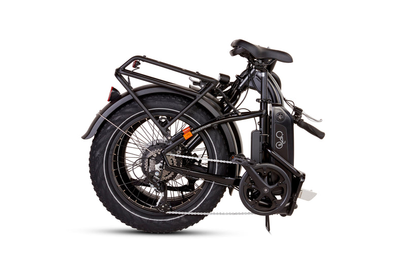 Folded view of a black RadExpand electric folding bike