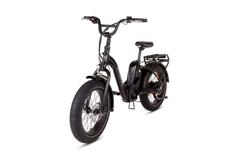 Angled left side view of a black RadExpand electric folding bike