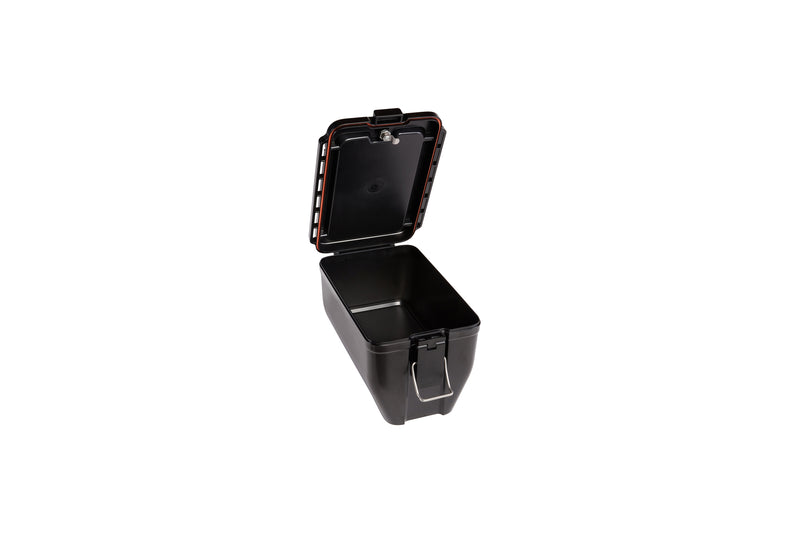 Hardshell Locking Box with the hinged lid open, showing the empty interior.