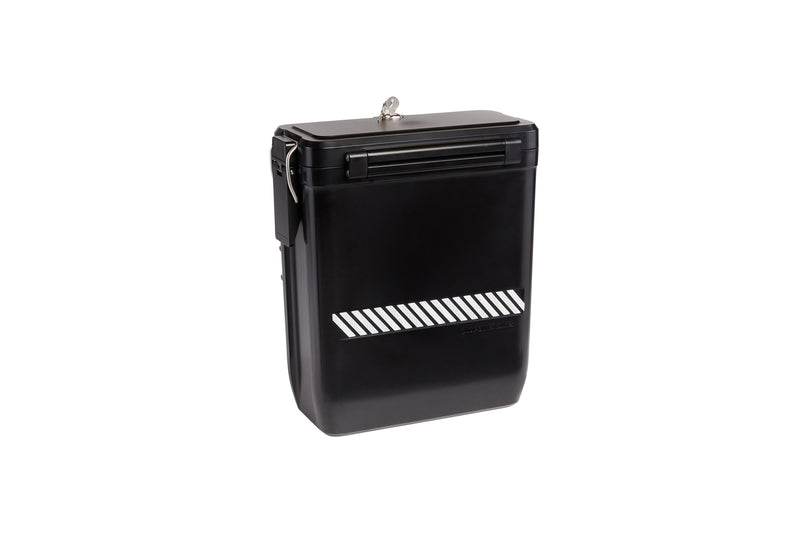 The Hardshell Locking Pannier is a durable plastic storage box with a reflective stripe on the side, locks with 2 included keys.