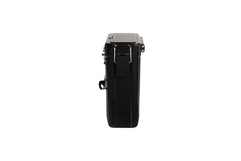 Side view of a black hard plastic Rad Hardshell Locking Pannier.