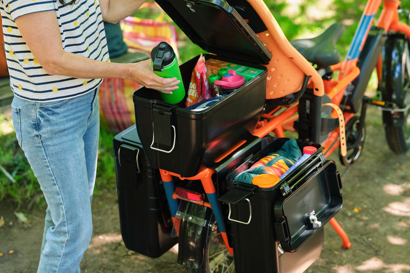Hardshell box and two panniers loaded up with picnic gear on a RadWagon electric cargo bike.