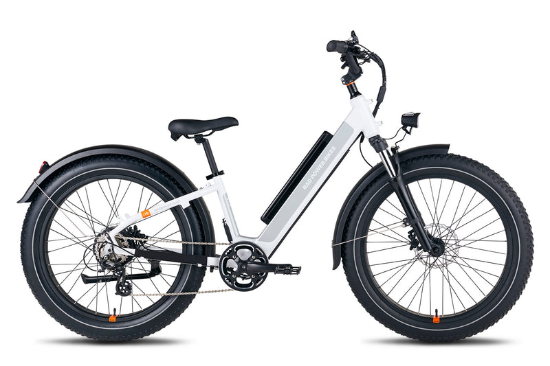 RadRight side view of a Rover 6 Plus Step-Thru Electric Fat Tire Bike in Glossy White