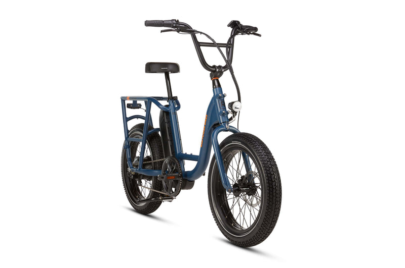 Right angle of a blue RadRunner electric cargo utility bike on a white background.
