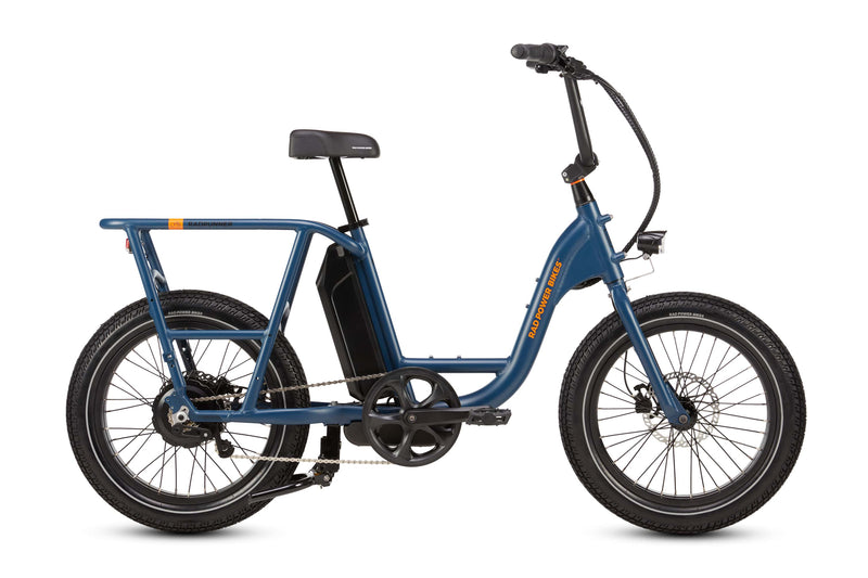 Right side of a blue RadRunner cargo utility ebike on a white background.