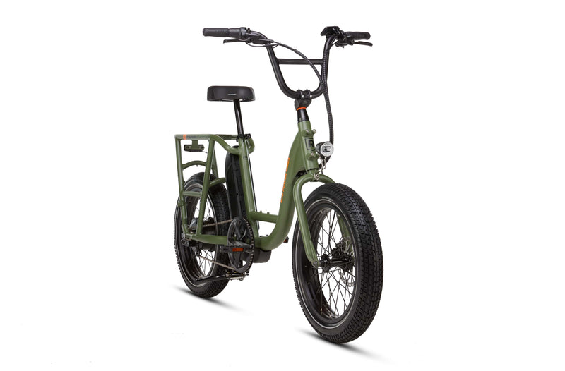 Right angle of a green RadRunner electric cargo utility bike on a white background.
