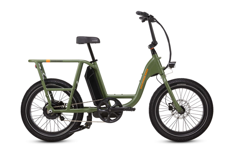 Right side of a green RadRunner cargo utility ebike on a white background.