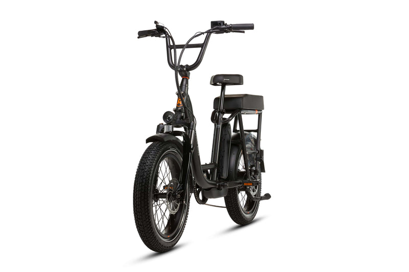Left angle of a matte black RadRunner electric cargo utility bike on a white background.