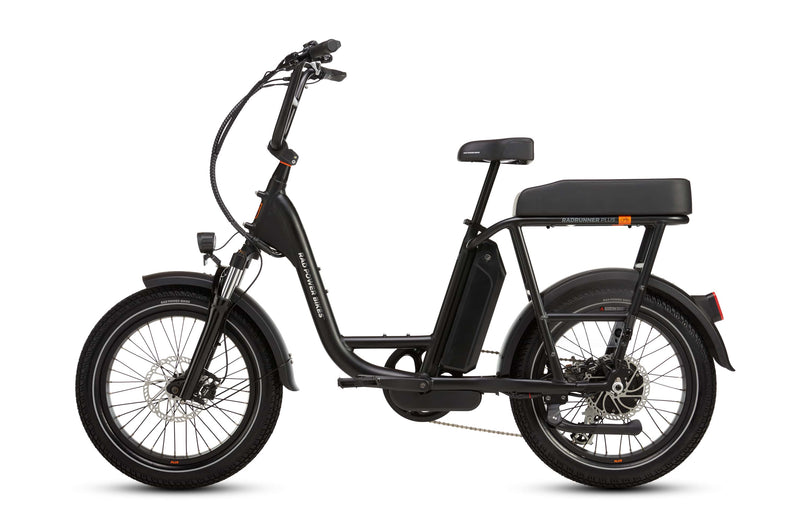 Left side of a matte black RadRunner cargo utility ebike on a white background.