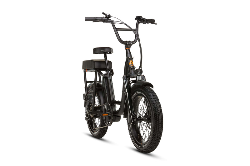 Right angle of a matte black RadRunner electric cargo utility bike on a white background.