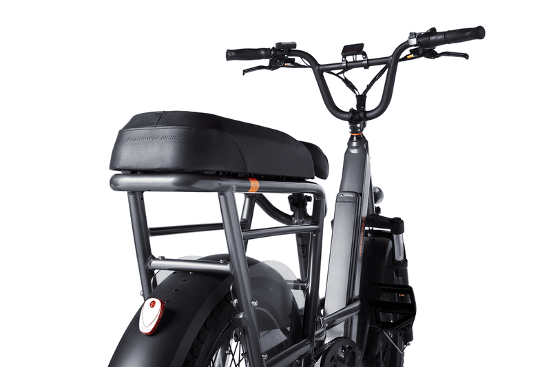 Rear view of a passenger package installed on a RadRunner 3 Plus electric bike