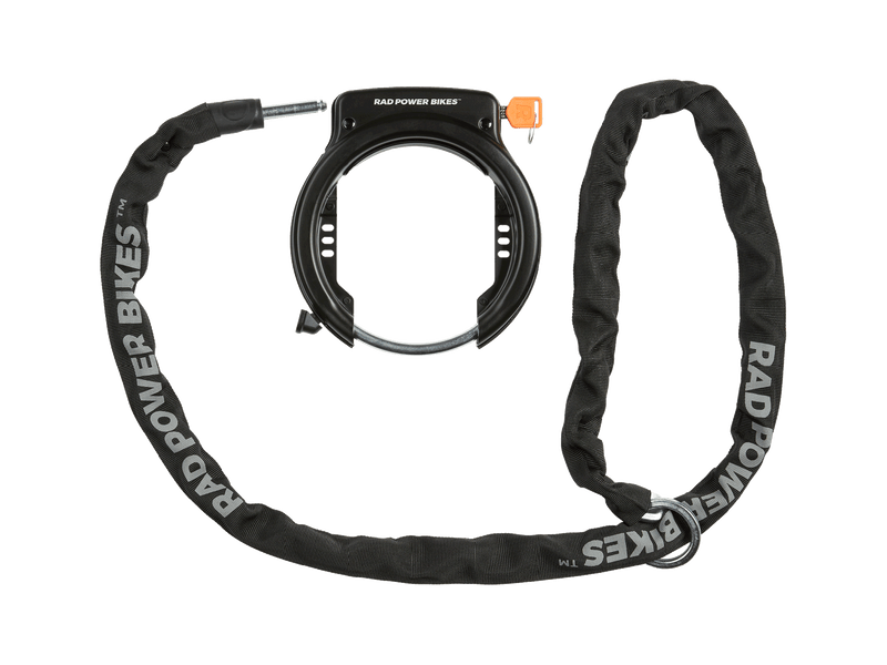 Rad fat tire wheel lock with the optional security chain attached