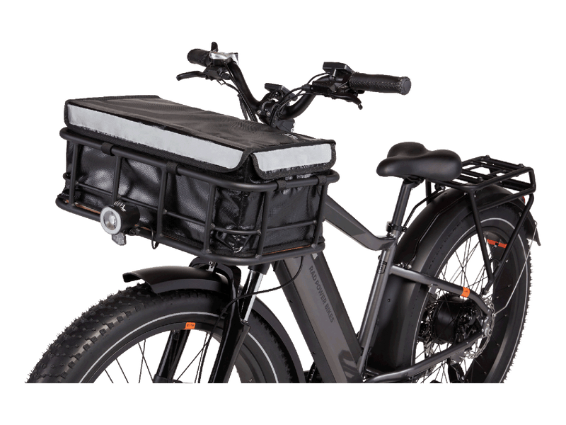 Large Front-Mounted Basket containing a basket bag mounted on an electric bike 