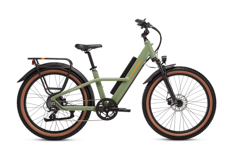 Right side view of a Radster Trail electric commuter bike, size large in fir green