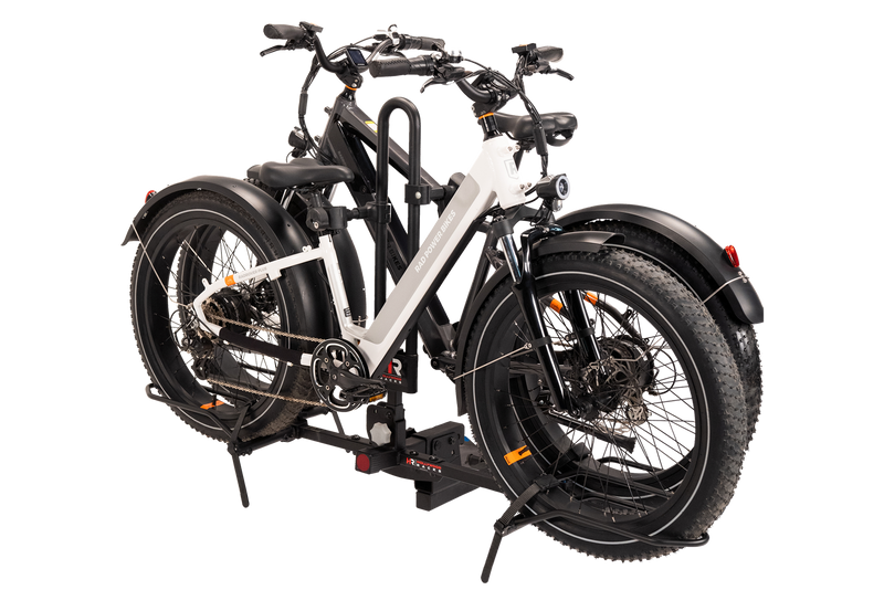 Side angle view of two Rad Power Ebikes on a Hollywood Racks RV Rider Rack